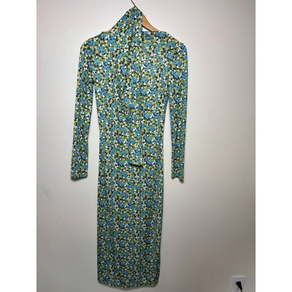 Zara Dress Women's sz Medium Green Blue Floral Open Back Scarf Blogger Favorite - Picture 3 of 5